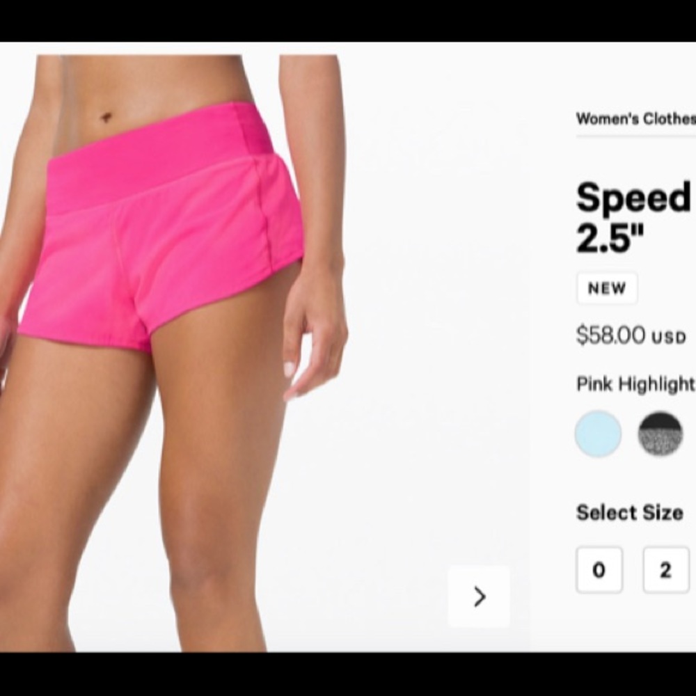 lululemon pink shorts size 6 2.5”